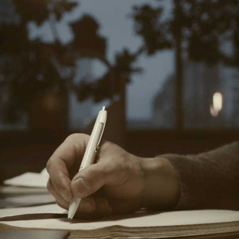 A hand writing a letter at a desk.