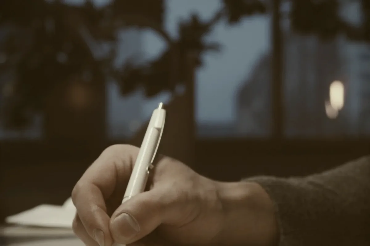 A hand writing a letter at a desk.