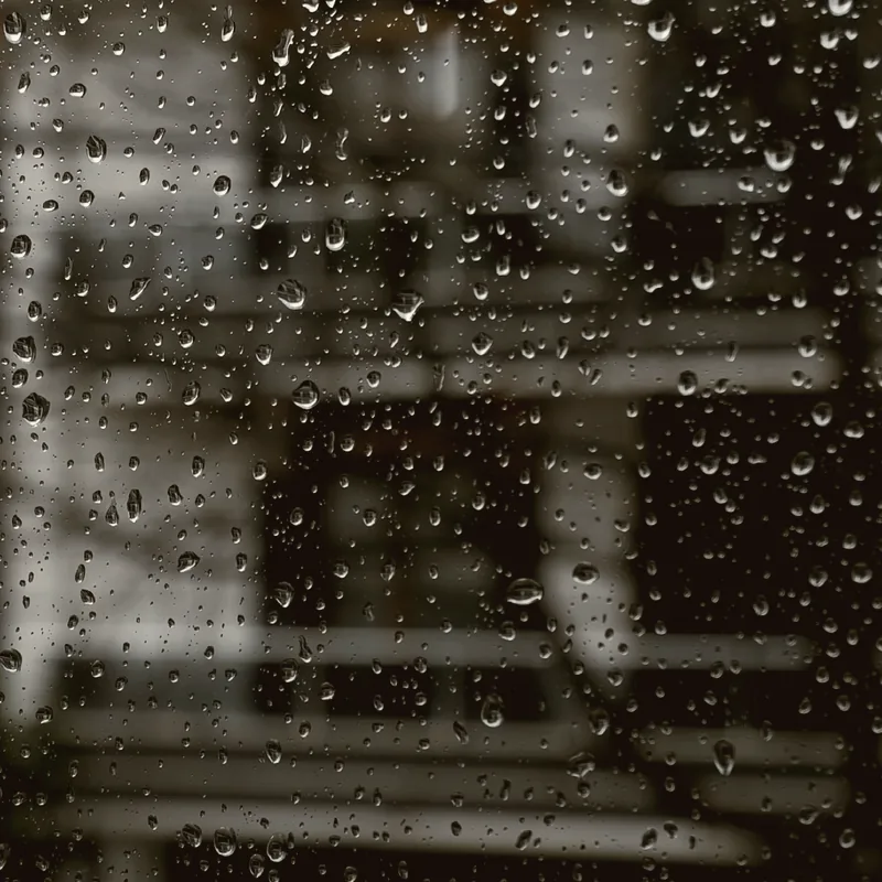 Rain beading on a window with lights blurred behind it.
