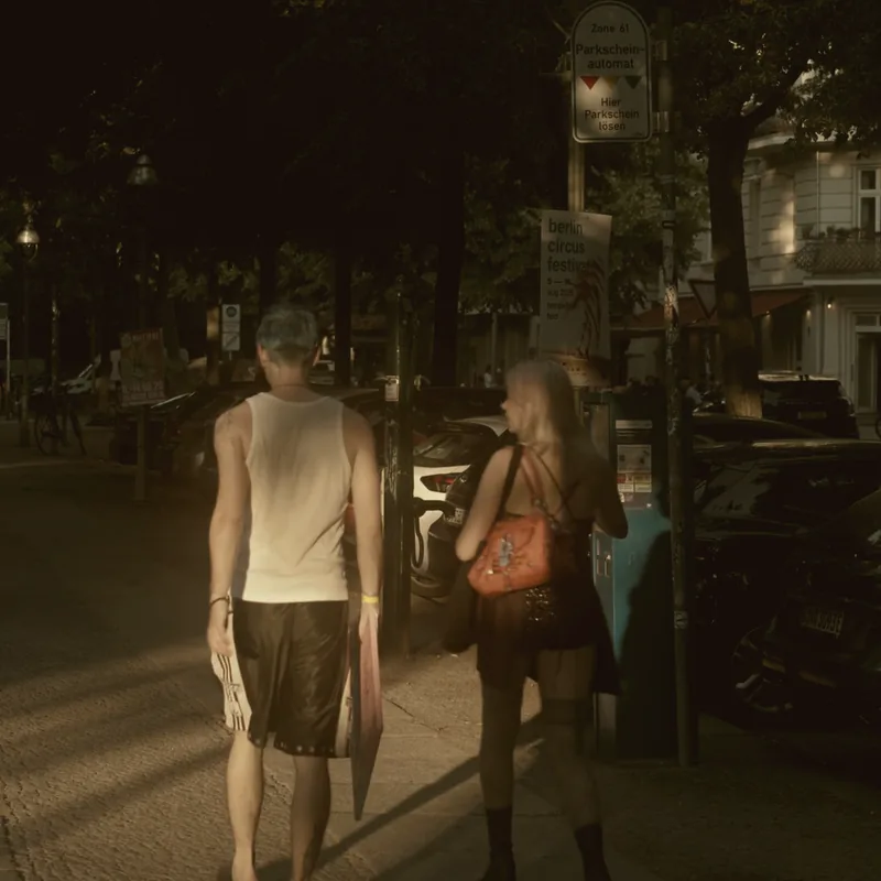 Two people walking away down a tree-lined street at dusk.