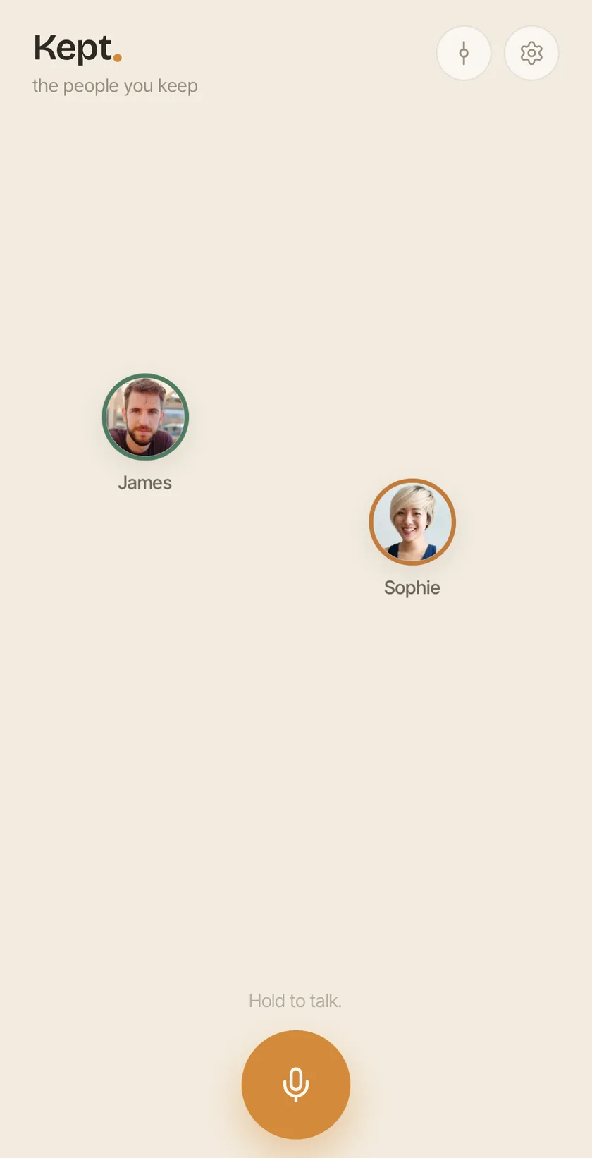 The home screen on day one: two faces and the microphone.