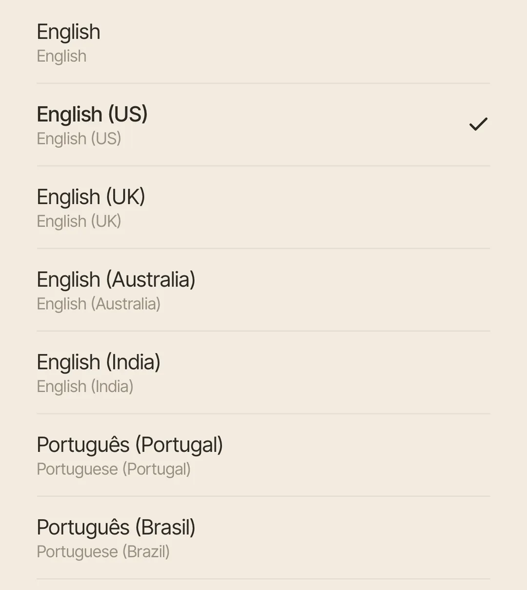 The language picker, listing English and its regional variants and then Português (Portugal) and Português (Brasil), each with its name in English underneath.