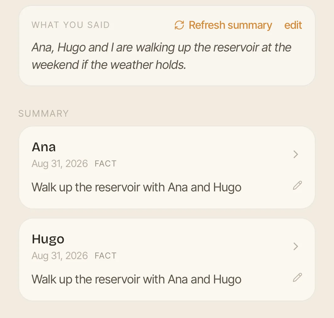 A filed note: “What you said” holding the spoken sentence about walking up the reservoir, and below it the summary filed against Ana and against Hugo.