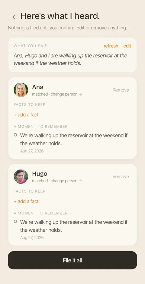The review screen: a transcript at the top, then the two people it matched, each with the facts and the moment Kept wants to keep, and a File it all button.
